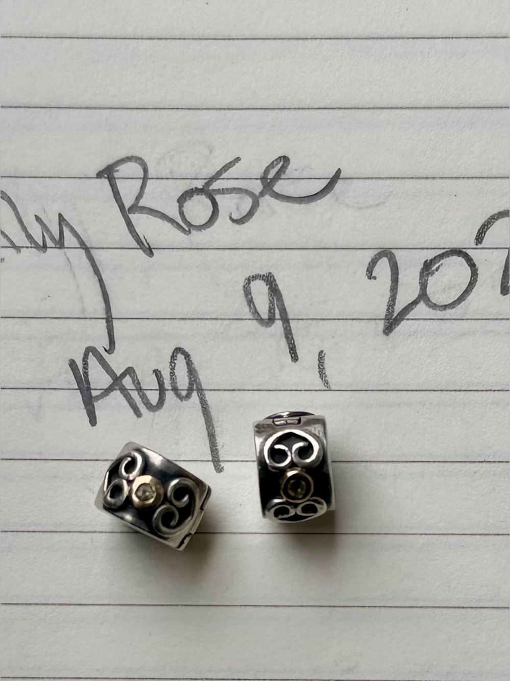 Pair Authentic Pandora Sterling Double Heart Clip Charms, w/ 14k Gold & Peridot - Picture 2 of 12